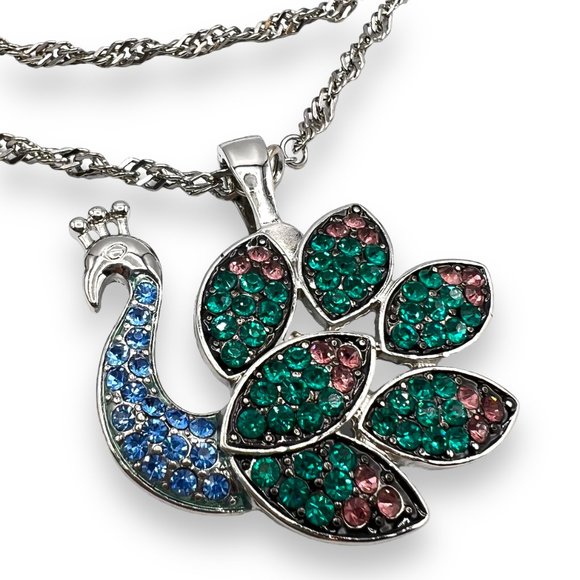 RMN Roman Signed HUGE Green/Blue/Pink Rhinestone PEACOCK Bird Pendant Necklace - Picture 2 of 10